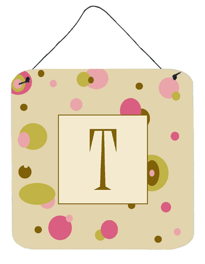 Letter T Initial Monogram - Tan Dots Wall or Door Hanging Prints