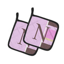 Letter N Initial Monogram - Pink Stripes Pot Holder Set of 2 Heat Resistant Quilted Hot Pads 7.5 x 7.5 Inch, Insulated Kitchen Trivets for Cooking & Baking