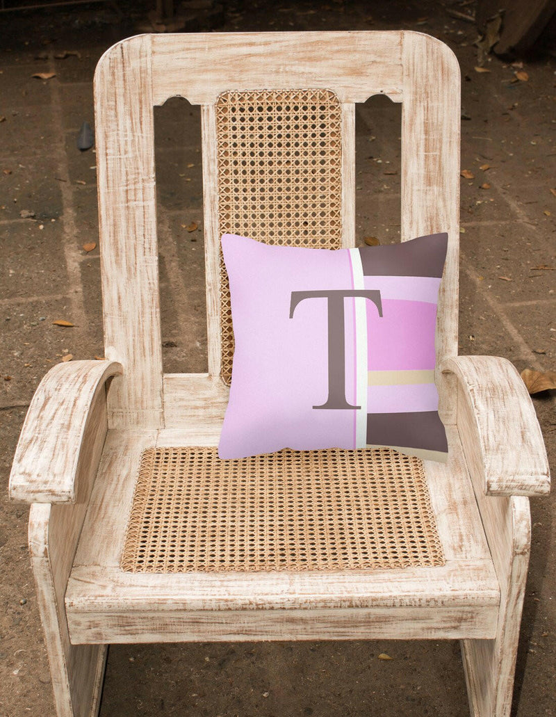 Letter T Initial Monogram - Pink Stripes Decorative   Canvas Fabric Pillow