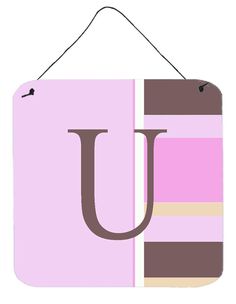 Letter U Initial Monogram - Pink Stripes Wall or Door Hanging Prints