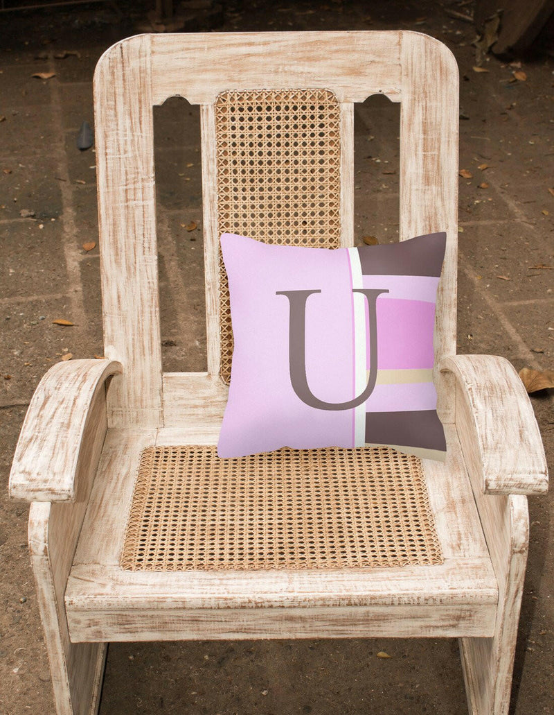 Letter U Initial Monogram - Pink Stripes Decorative   Canvas Fabric Pillow