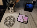 Letter X Initial Monogram - Pink Stripes Pot Holder Set of 2 Heat Resistant Quilted Hot Pads 7.5 x 7.5 Inch, Insulated Kitchen Trivets for Cooking & Baking