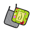 Letter J Monogram - Lime Green Pot Holder Set of 2 Heat Resistant Quilted Hot Pads 7.5 x 7.5 Inch, Insulated Kitchen Trivets for Cooking & Baking