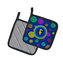 Letter F Initial Monogram - Blue Swirls Pot Holder Set of 2 Heat Resistant Quilted Hot Pads 7.5 x 7.5 Inch, Insulated Kitchen Trivets for Cooking & Baking