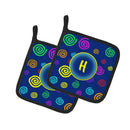 Letter H Initial Monogram - Blue Swirls Pot Holder Set of 2 Heat Resistant Quilted Hot Pads 7.5 x 7.5 Inch, Insulated Kitchen Trivets for Cooking & Baking