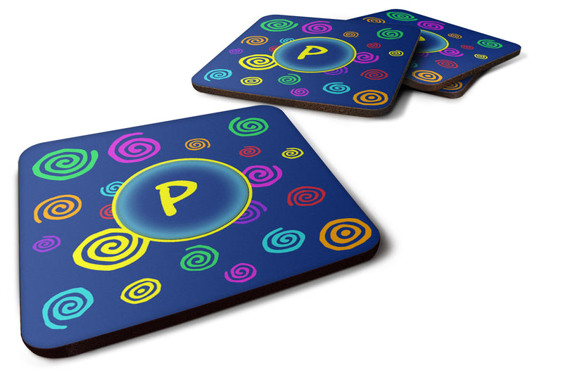 Set of 4 Monogram - Blue Swirls Foam Coasters Initial Letter P