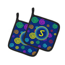 Letter S Initial Monogram - Blue Swirls Pot Holder Set of 2 Heat Resistant Quilted Hot Pads 7.5 x 7.5 Inch, Insulated Kitchen Trivets for Cooking & Baking