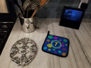 Letter T Initial Monogram - Blue Swirls Pot Holder Set of 2 Heat Resistant Quilted Hot Pads 7.5 x 7.5 Inch, Insulated Kitchen Trivets for Cooking & Baking