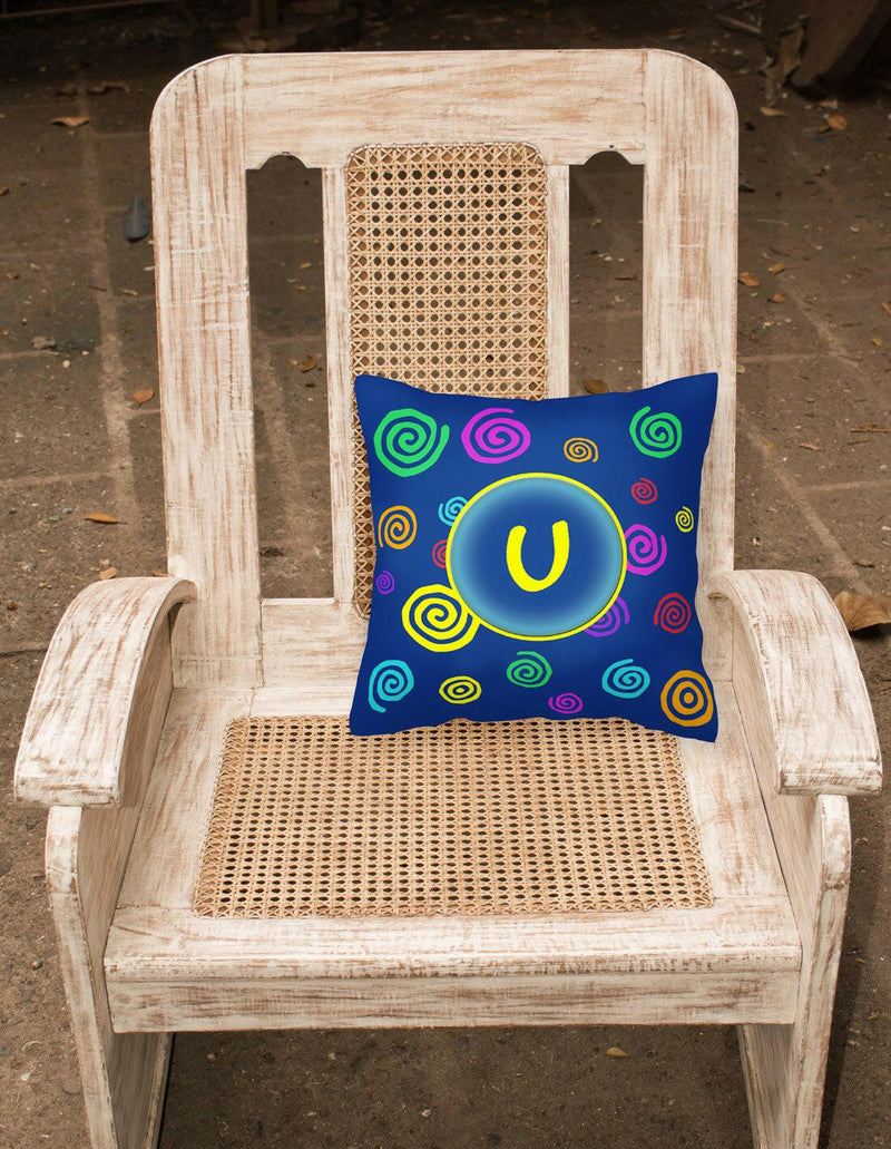 Letter U Initial Monogram - Blue Swirls Decorative   Canvas Fabric Pillow