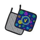 Letter V Initial Monogram - Blue Swirls Pot Holder Set of 2 Heat Resistant Quilted Hot Pads 7.5 x 7.5 Inch, Insulated Kitchen Trivets for Cooking & Baking