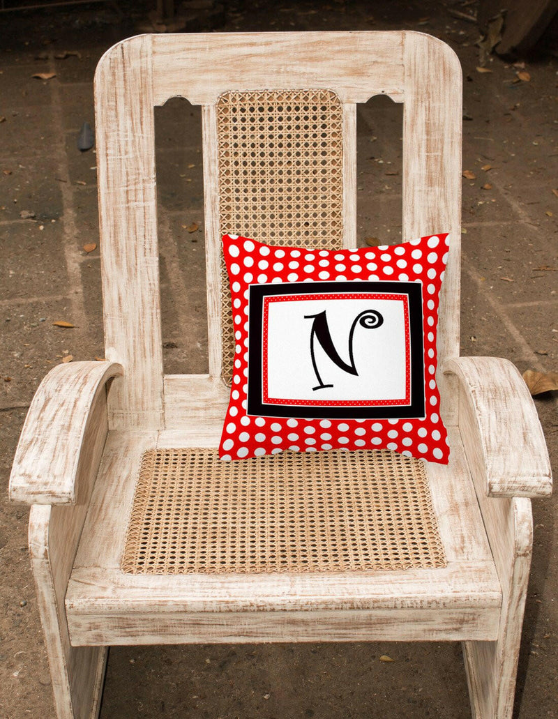 Letter N Initial Monogram Red Black Polka Dots Decorative Canvas Fabric Pillow