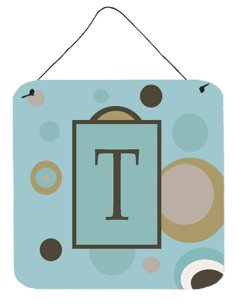 Letter T Initial Monogram - Blue Dots Wall or Door Hanging Prints