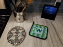 Letter W Initial Monogram - Blue Argoyle Pot Holder Set of 2 Heat Resistant Quilted Hot Pads 7.5 x 7.5 Inch, Insulated Kitchen Trivets for Cooking & Baking