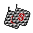Letter S Monogram - Houndstooth Black Pot Holder Set of 2 Heat Resistant Quilted Hot Pads 7.5 x 7.5 Inch, Insulated Kitchen Trivets for Cooking & Baking