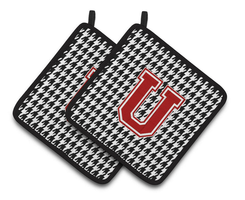 Letter U Monogram - Houndstooth Black Pair of Pot Holders CJ1021-UPTHD