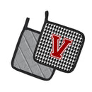 Letter V Monogram - Houndstooth Black Pot Holder Set of 2 Heat Resistant Quilted Hot Pads 7.5 x 7.5 Inch, Insulated Kitchen Trivets for Cooking & Baking