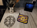 Letter D Monogram - Tiger Stripe - Purple Gold Pot Holder Set of 2 Heat Resistant Quilted Hot Pads 7.5 x 7.5 Inch, Insulated Kitchen Trivets for Cooking & Baking