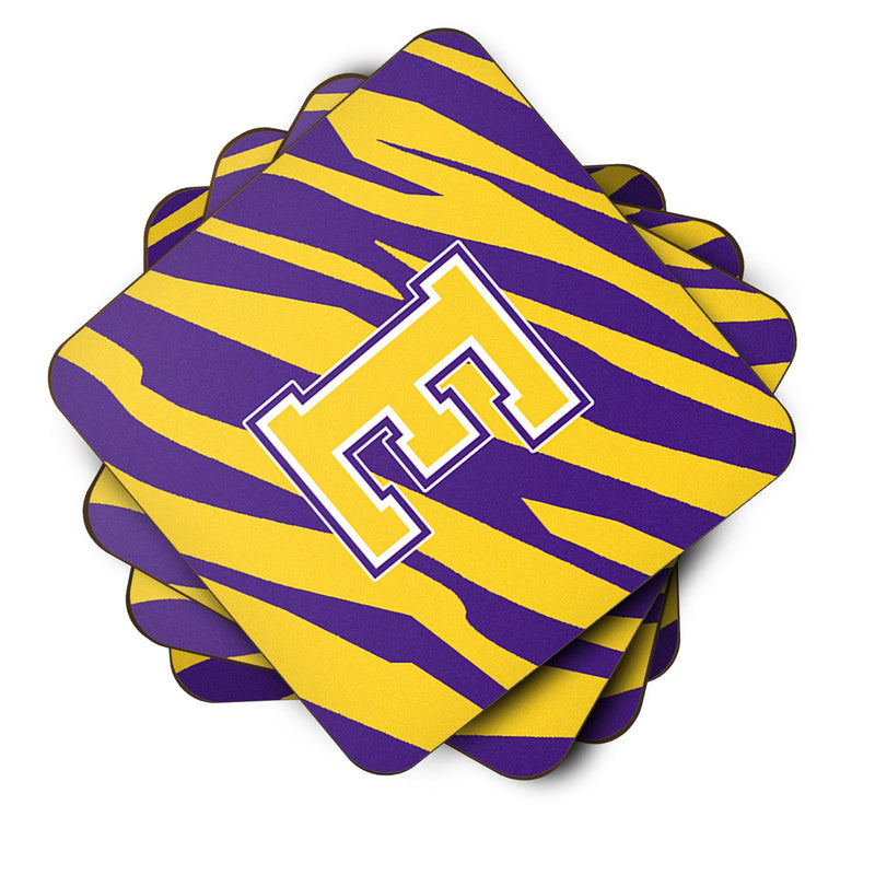 Set of 4 Monogram - Initial E Tiger Stripe - Purple Gold Foam Coasters