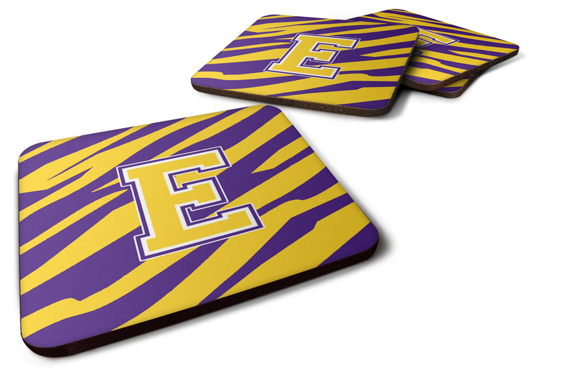 Set of 4 Monogram - Initial E Tiger Stripe - Purple Gold Foam Coasters