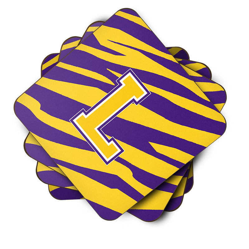 Set of 4 Monogram - Initial L Tiger Stripe - Purple Gold Foam Coasters