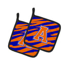 Letter A Monogram - Orange Blue Tiger Stripe Pot Holder Set of 2 Heat Resistant Quilted Hot Pads 7.5 x 7.5 Inch, Insulated Kitchen Trivets for Cooking & Baking