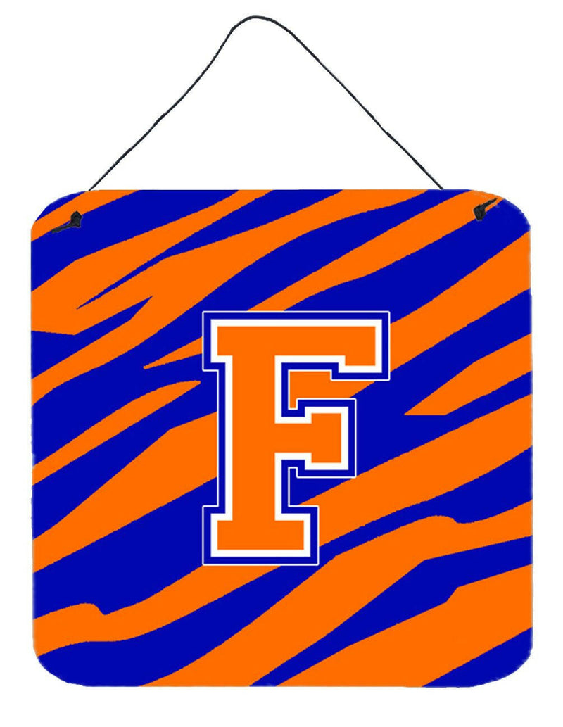 Letter F Initial Tiger Stripe - Blue Orange  Wall or Door Hanging Prints