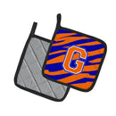 Letter G Initial Tiger Stripe - Blue Orange  Pot Holder Set of 2 Heat Resistant Quilted Hot Pads 7.5 x 7.5 Inch, Insulated Kitchen Trivets for Cooking & Baking