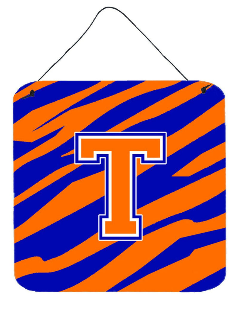 Letter T Initial Tiger Stripe - Blue Orange  Wall or Door Hanging Prints