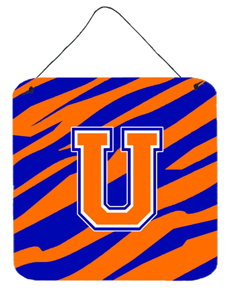 Letter U Initial Tiger Stripe - Blue Orange  Wall or Door Hanging Prints