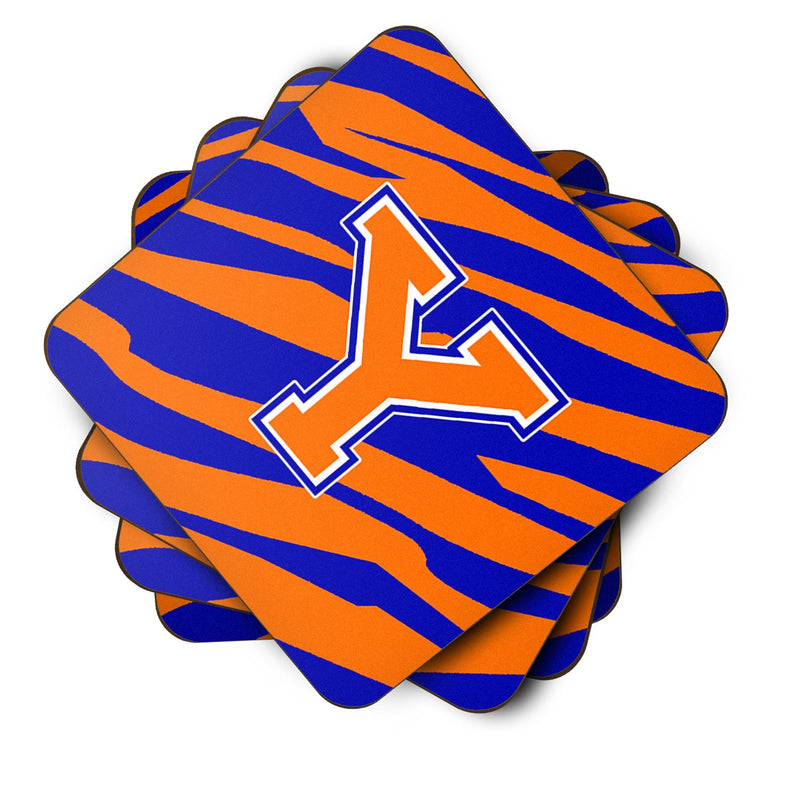 Set of 4 Monogram - Tiger Stripe - Blue Orange Foam Coasters Initial Letter Y