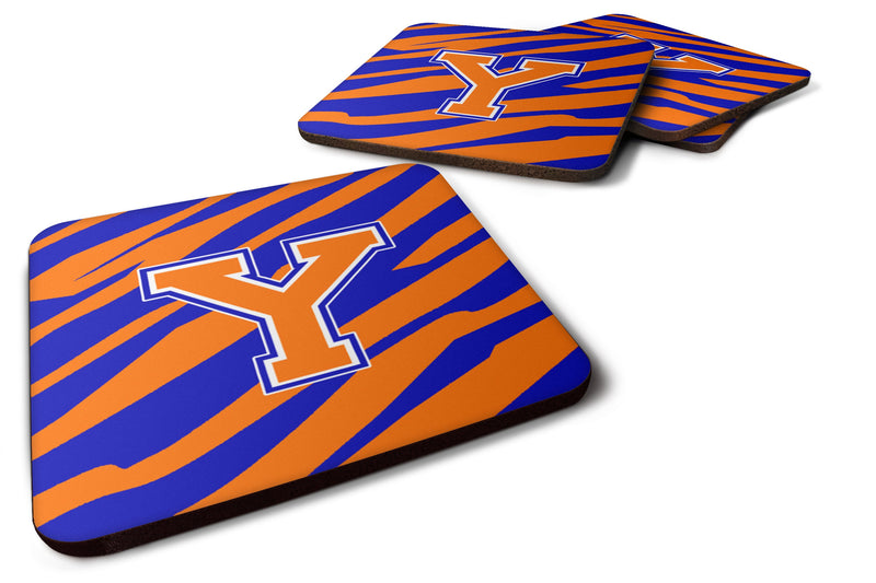 Set of 4 Monogram - Tiger Stripe - Blue Orange Foam Coasters Initial Letter Y