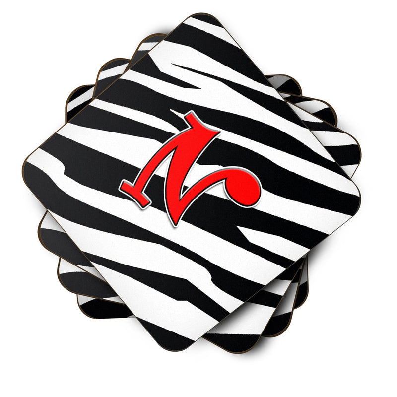 Set of 4 Monogram - Zebra Red Foam Coasters Initial Letter N