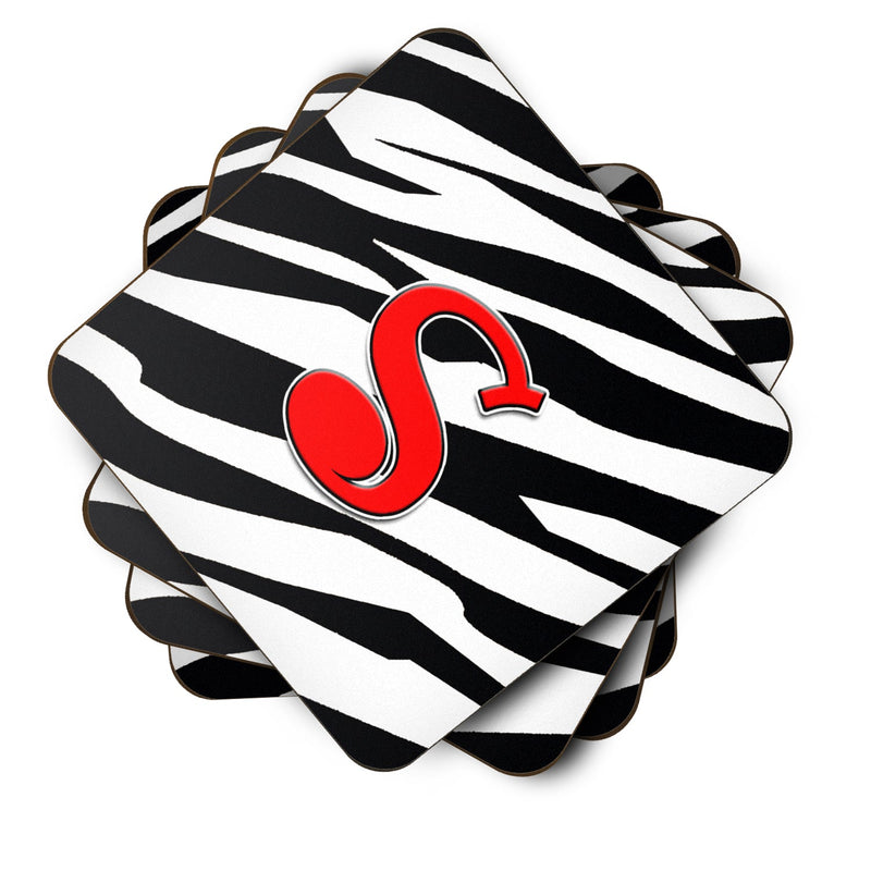 Set of 4 Monogram - Zebra Red Foam Coasters Initial Letter S