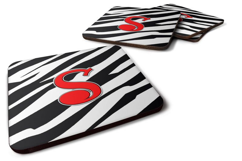 Set of 4 Monogram - Zebra Red Foam Coasters Initial Letter S