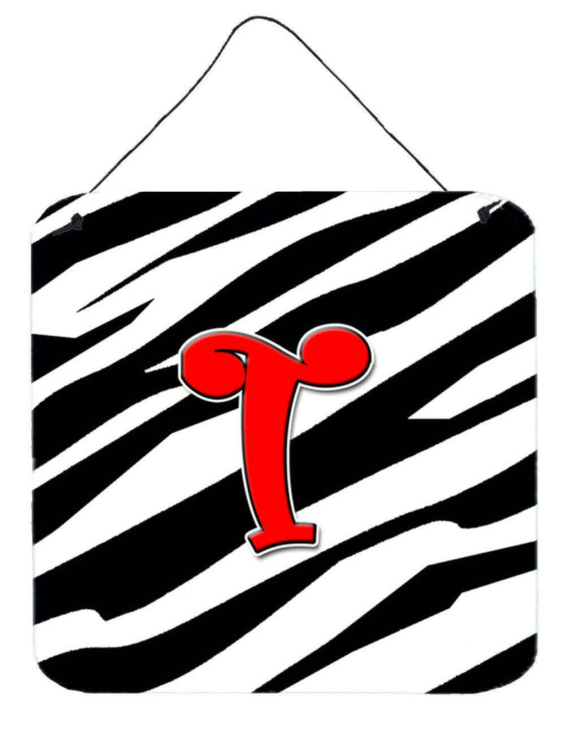 Letter T Initial Monogram - Zebra Red Wall or Door Hanging Prints