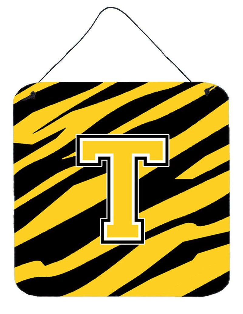 Letter T Initial Tiger Stripe - Black Gold  Wall or Door Hanging Prints