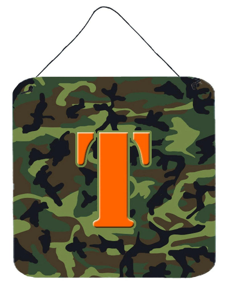 Letter T Initial Monogram - Camo Green Wall or Door Hanging Prints