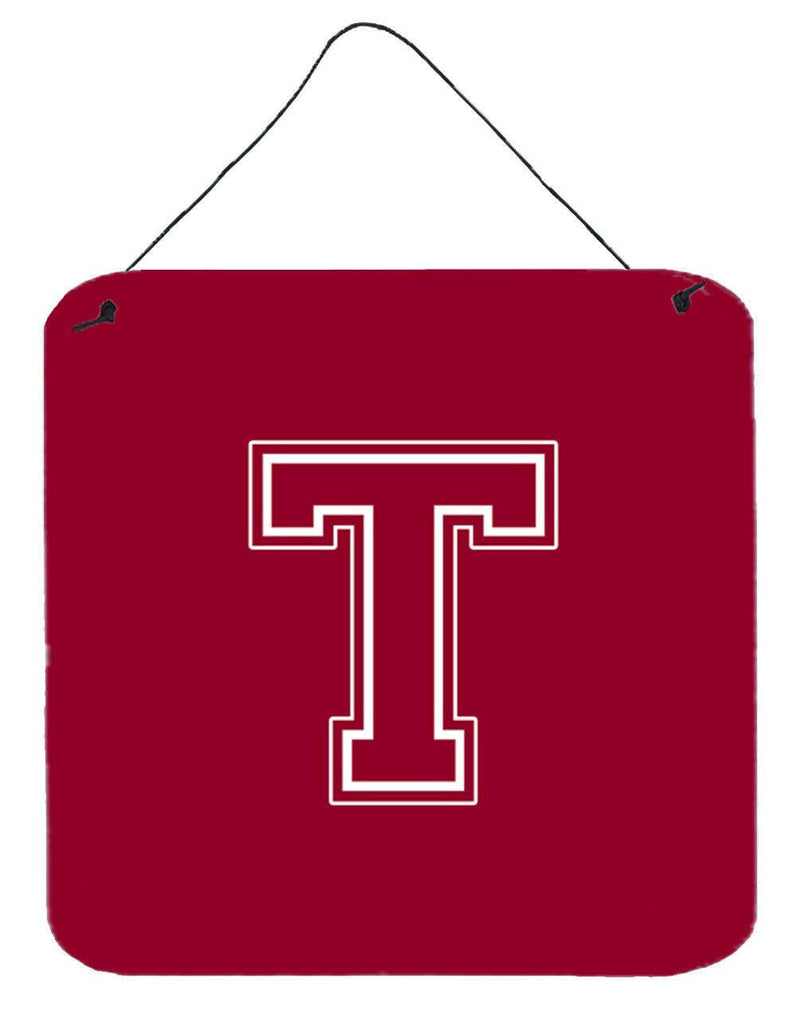 Letter T Initial Monogram - Maroon and White Wall or Door Hanging Prints