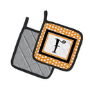 Letter F Initial Monogram - Orange Polkadots Pot Holder Set of 2 Heat Resistant Quilted Hot Pads 7.5 x 7.5 Inch, Insulated Kitchen Trivets for Cooking & Baking