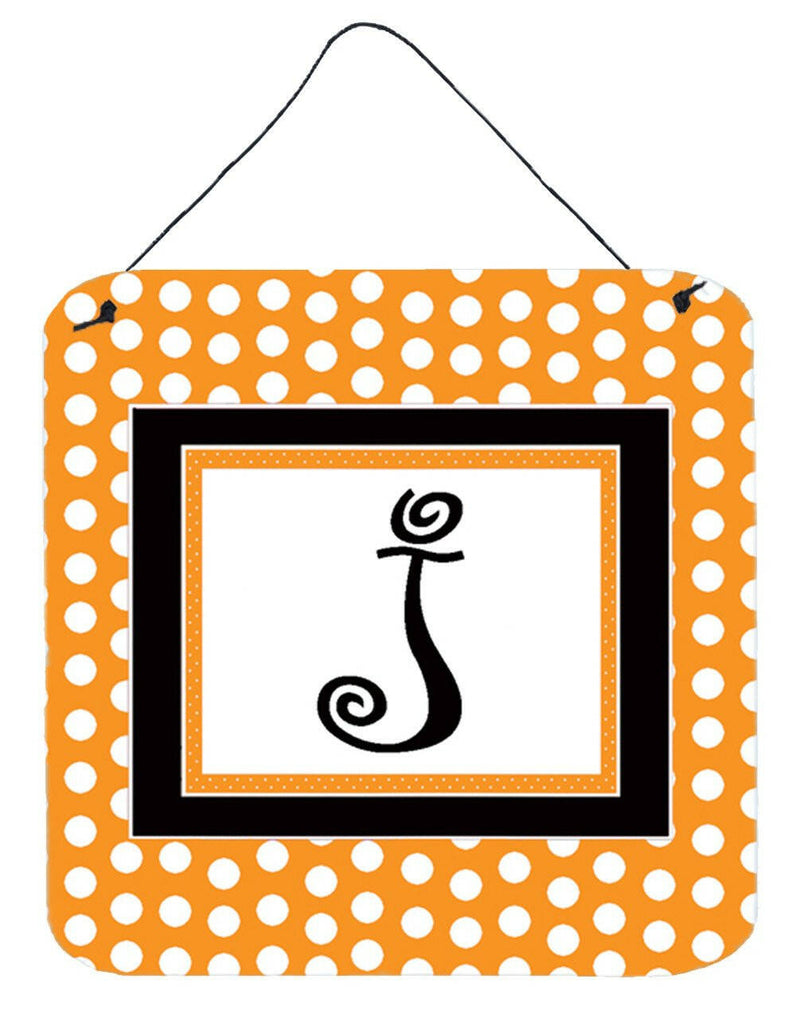 Letter J Initial Monogram - Orange Polkadots Wall or Door Hanging Prints