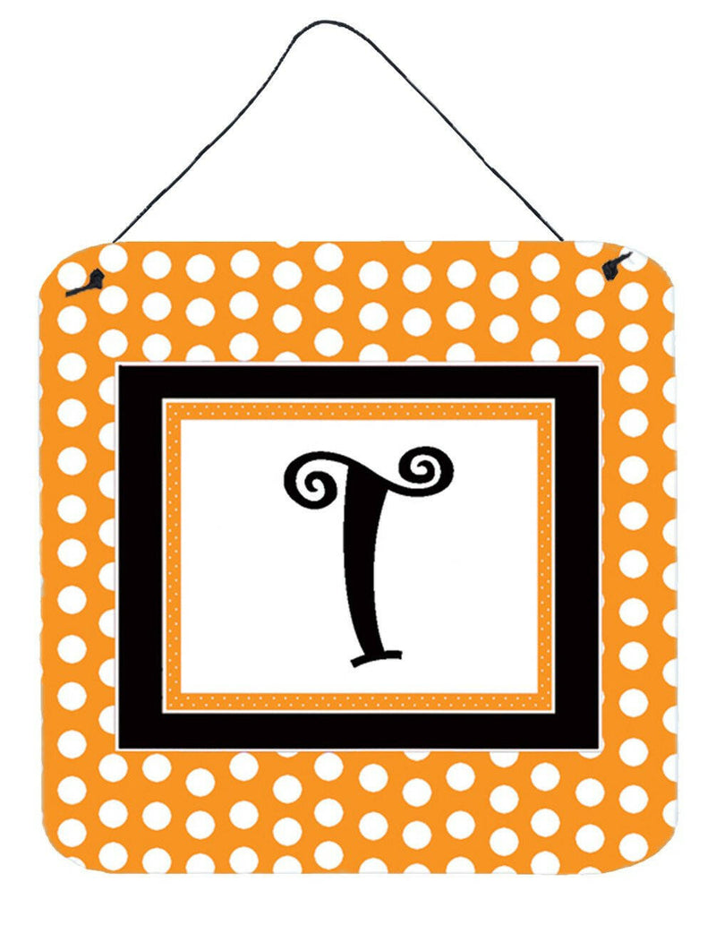 Letter T Initial Monogram - Orange Polkadots Wall or Door Hanging Prints