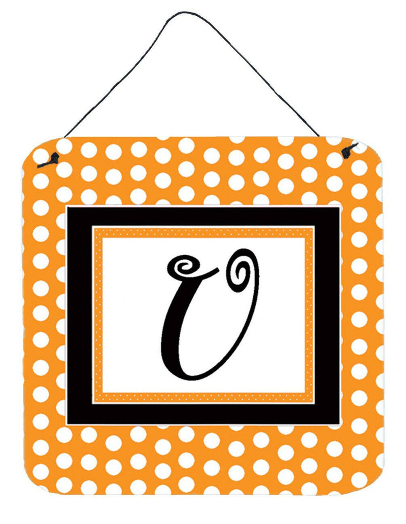 Letter U Initial Monogram - Orange Polkadots Wall or Door Hanging Prints