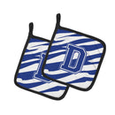 Letter D Initial Tiger Stripe Blue and White Pot Holder Set of 2 Heat Resistant Quilted Hot Pads 7.5 x 7.5 Inch, Insulated Kitchen Trivets for Cooking & Baking