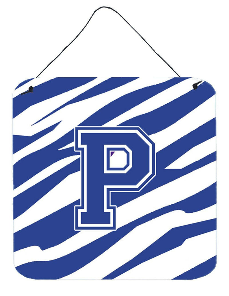 Letter P Initial Tiger Stripe Blue and White Wall or Door Hanging Prints