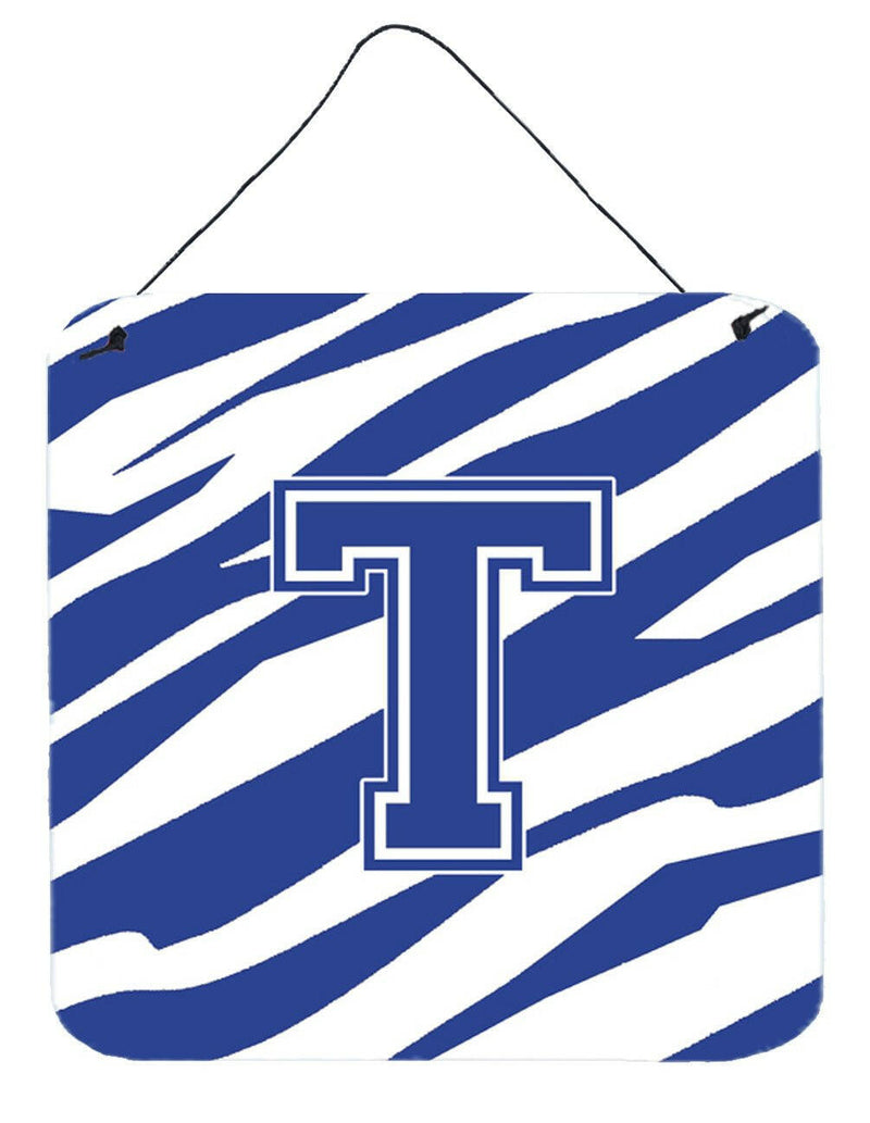 Letter T Initial Tiger Stripe Blue and White Wall or Door Hanging Prints