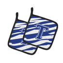 Letter T Initial Tiger Stripe Blue and White Pot Holder Set of 2 Heat Resistant Quilted Hot Pads 7.5 x 7.5 Inch, Insulated Kitchen Trivets for Cooking & Baking