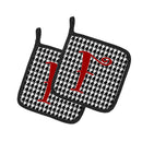 Letter F Initial Monogram - Houndstooth Black Pot Holder Set of 2 Heat Resistant Quilted Hot Pads 7.5 x 7.5 Inch, Insulated Kitchen Trivets for Cooking & Baking