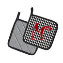 Letter M Initial Monogram - Houndstooth Black Pot Holder Set of 2 Heat Resistant Quilted Hot Pads 7.5 x 7.5 Inch, Insulated Kitchen Trivets for Cooking & Baking