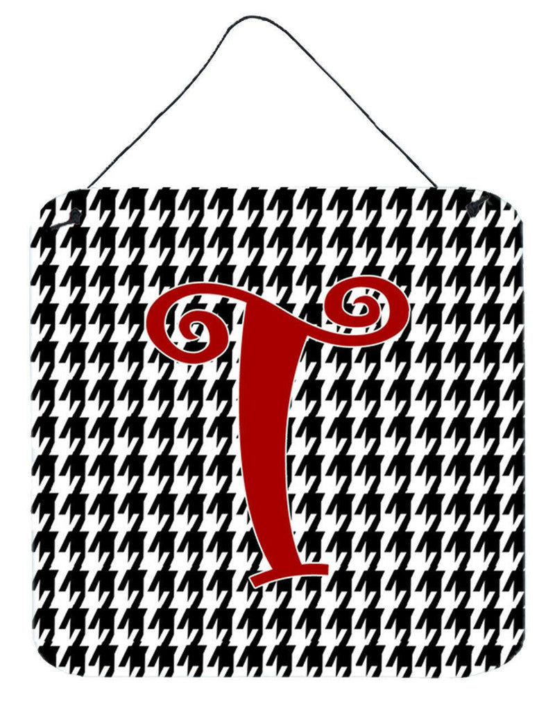 Letter T Initial Monogram - Houndstooth Black Wall or Door Hanging Prints