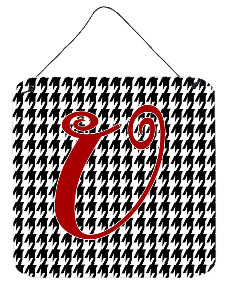 Letter U Initial Monogram - Houndstooth Black Wall or Door Hanging Prints